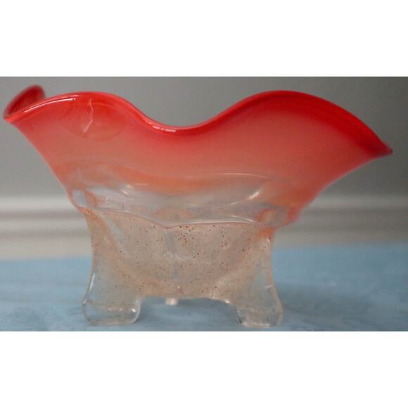 Vintage Sand Art Glass Trinket Bowl Dish Orange Red Ombre Footed Ruffled SIGNED - Picture 4 of 11